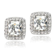 925 Silver White Topaz Cushion Stud Earrings Jóias de casamento